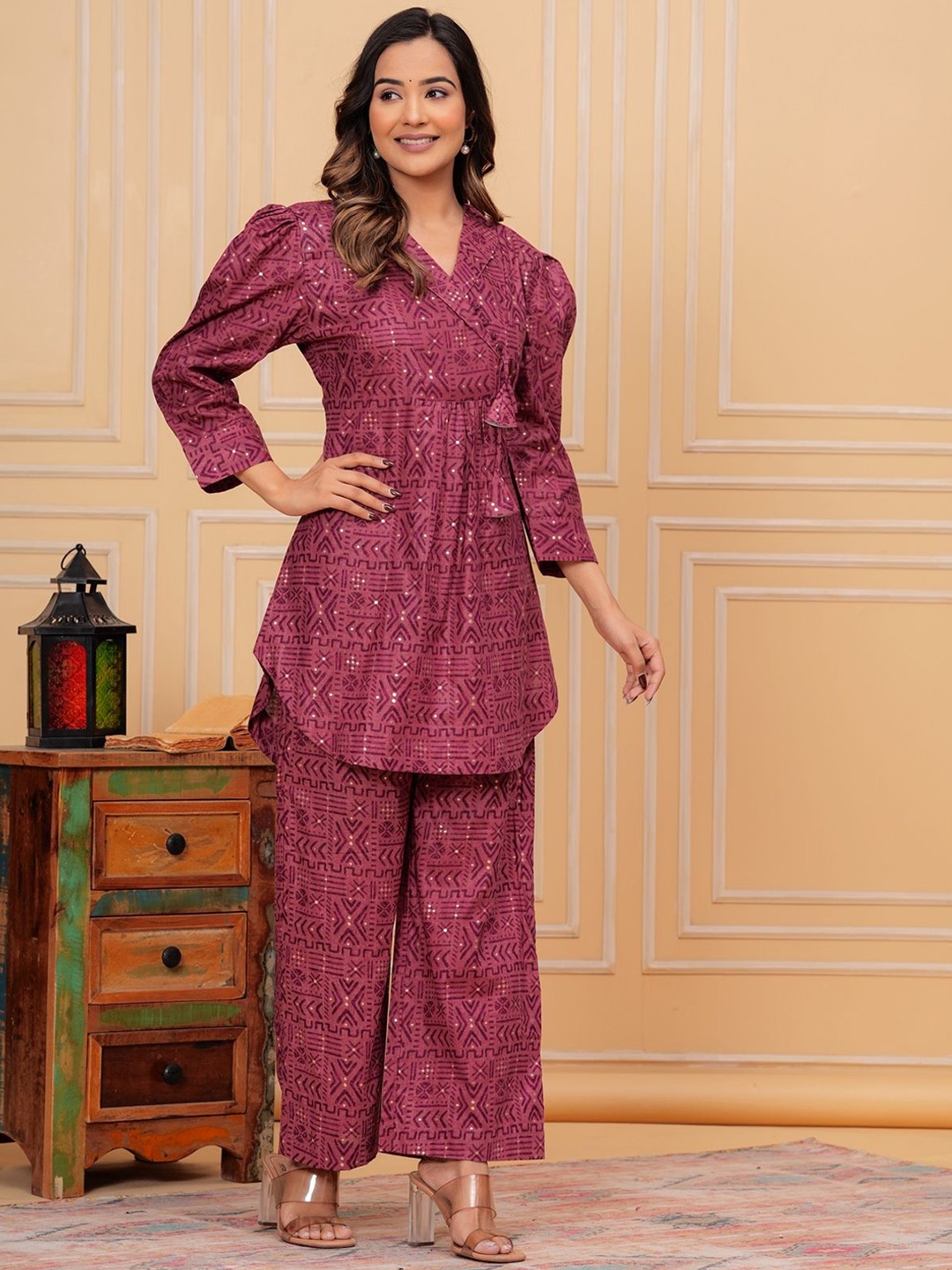 

EtnicaWear Printed Pure Cotton Top With Trousers Co-Ords, Maroon