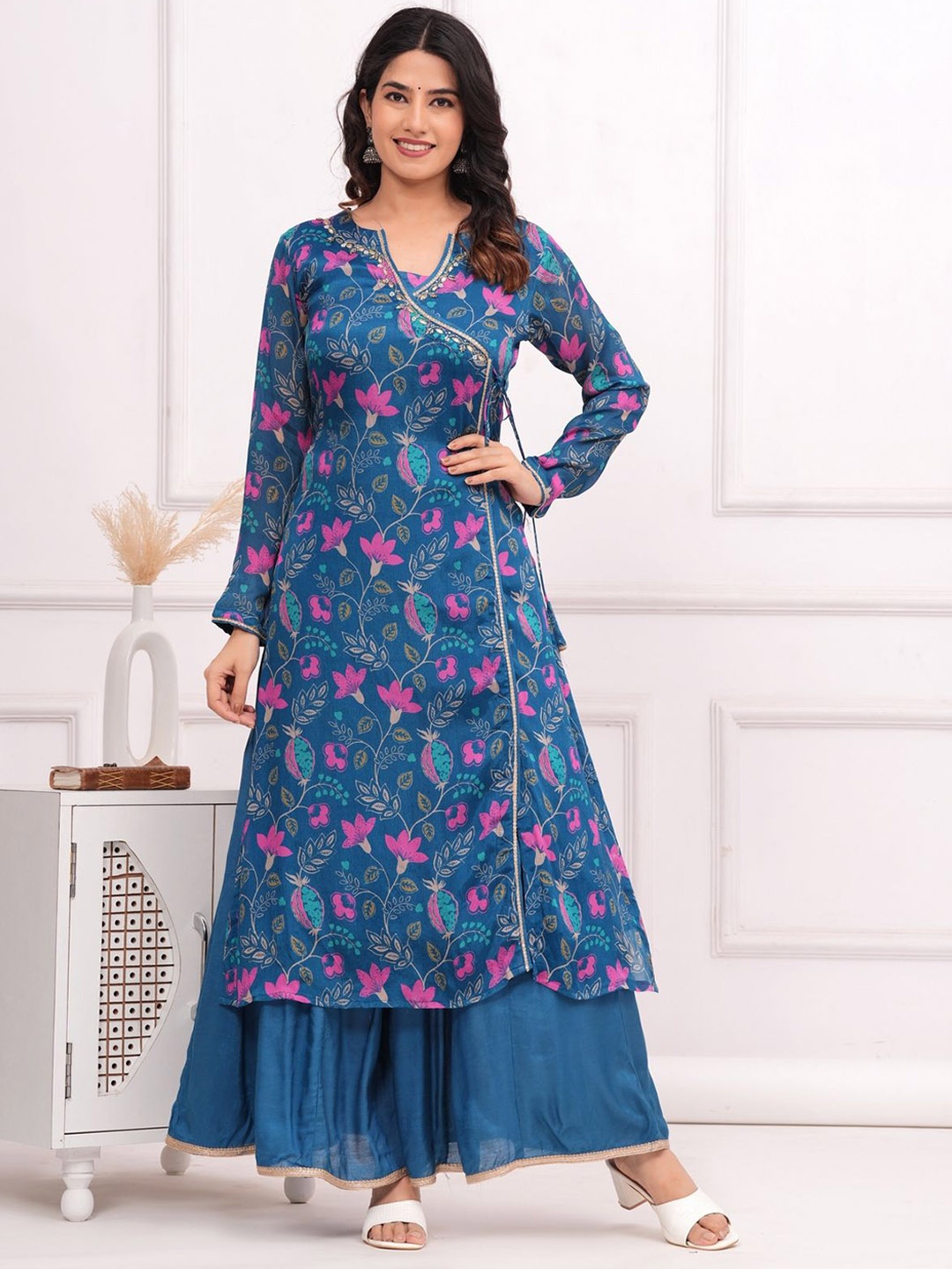 

EtnicaWear Floral Printed Beads and Stones Angrakha Kurta with Sharara, Blue