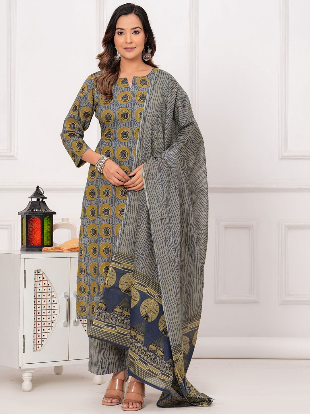 

EtnicaWear Geometric Printed Beads and Stones Pure Cotton Kurta with Palazzos & Dupatta, Grey