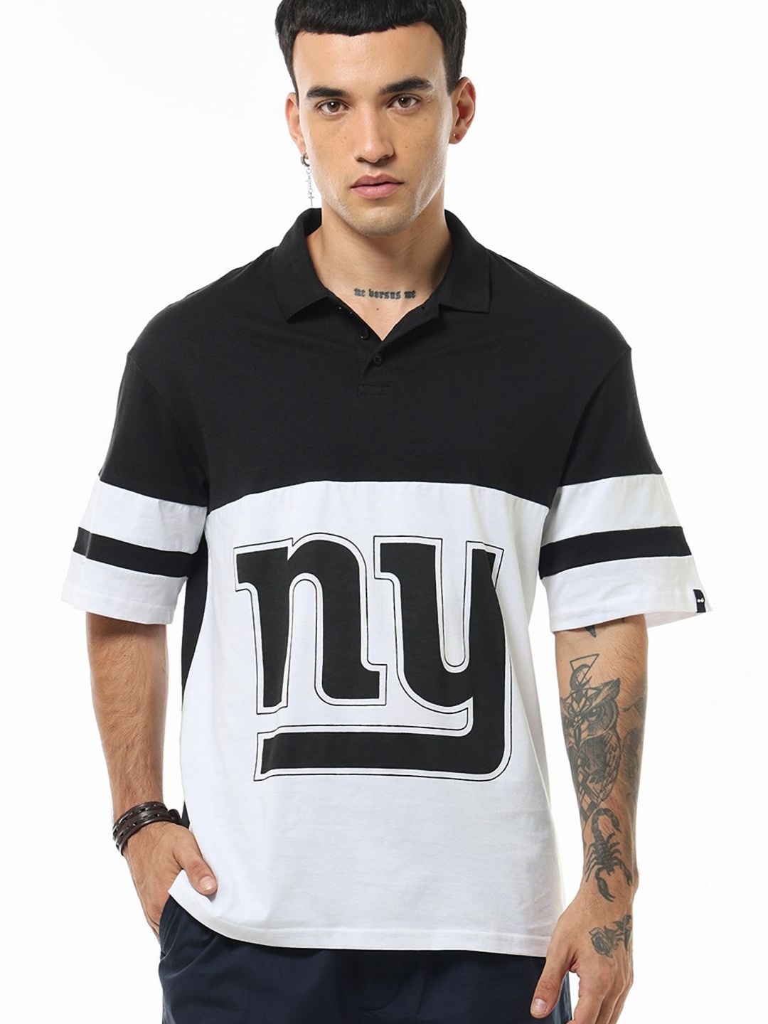 

Bewakoof Men NY Color Block Oversized Polo T Shirt, White