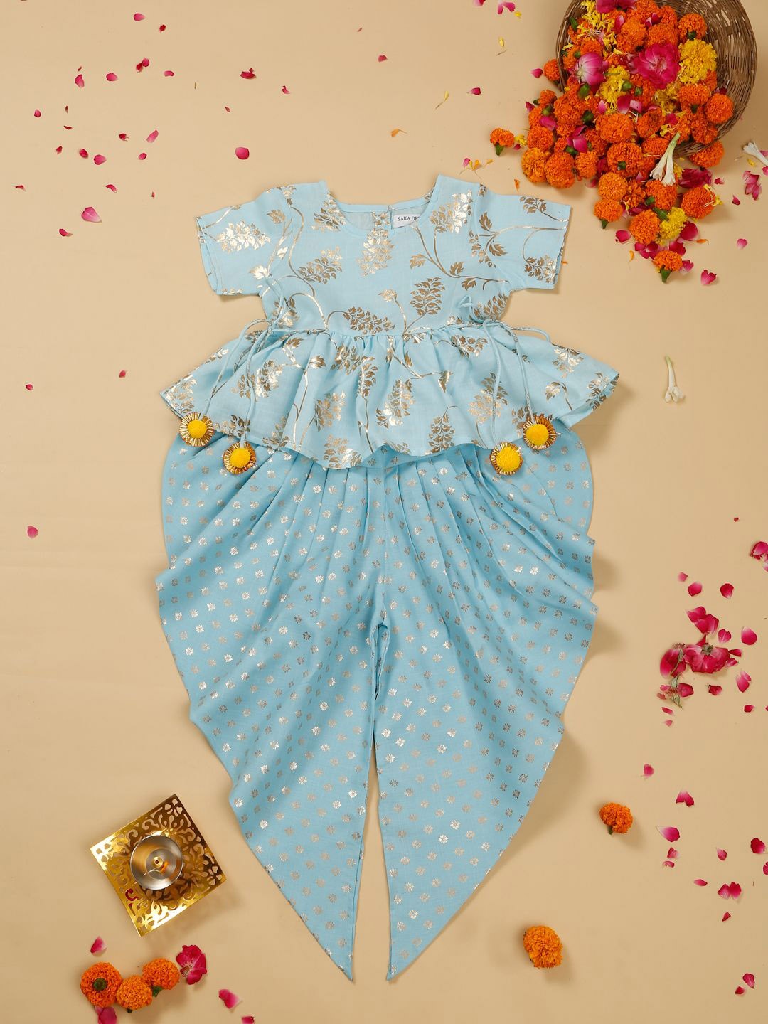 

SAKA DESIGNS Girls Geometric Printed A-Line Kurta With Dhoti Pants, Blue