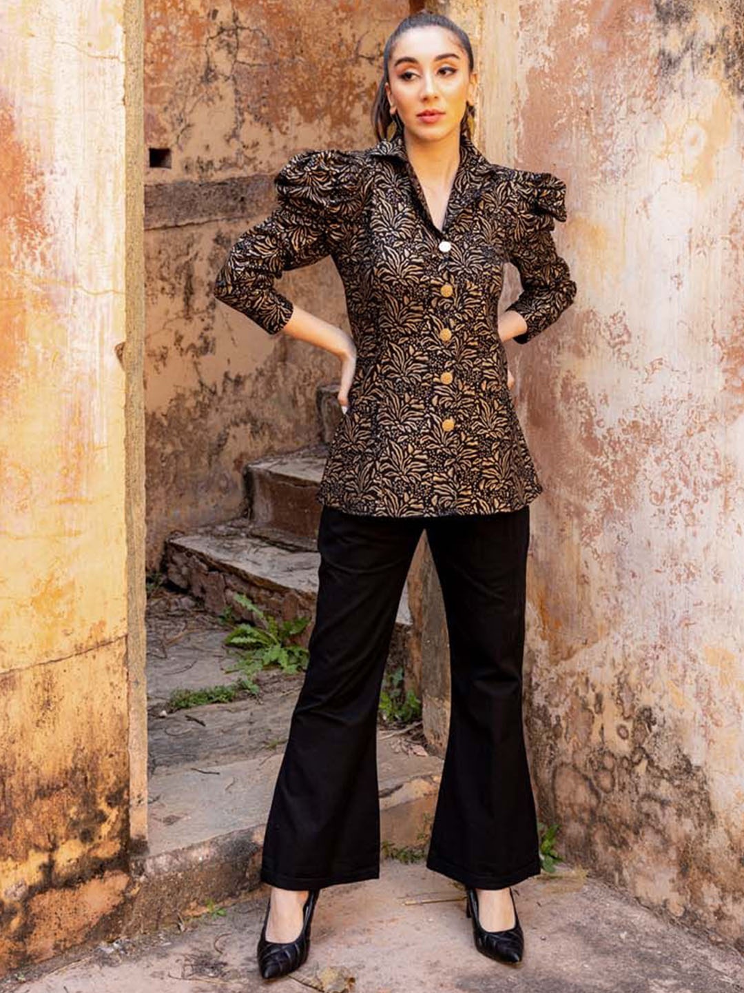 

JORASA Printed Pure Cotton Top With Trousers, Black