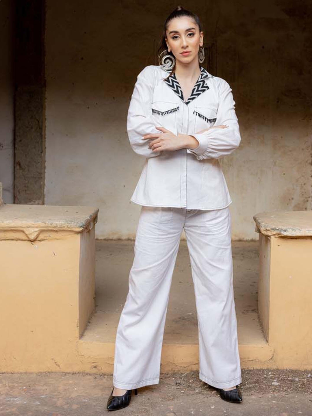 

JORASA Long Sleeves Pure Cotton Shirt With Palazzos, White