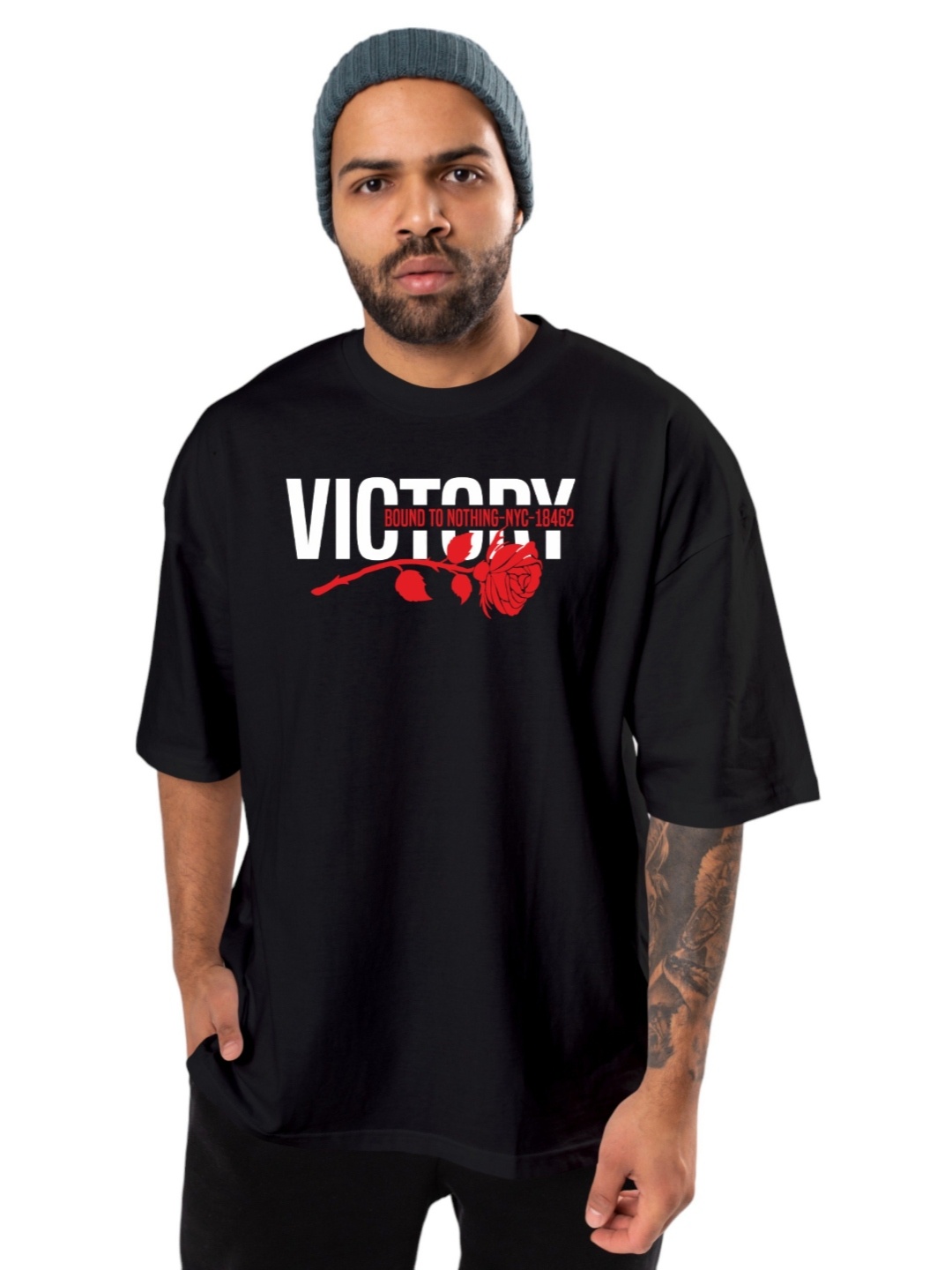 

BAESD Men Typography Printed Round Neck Oversized T-shirt, Black