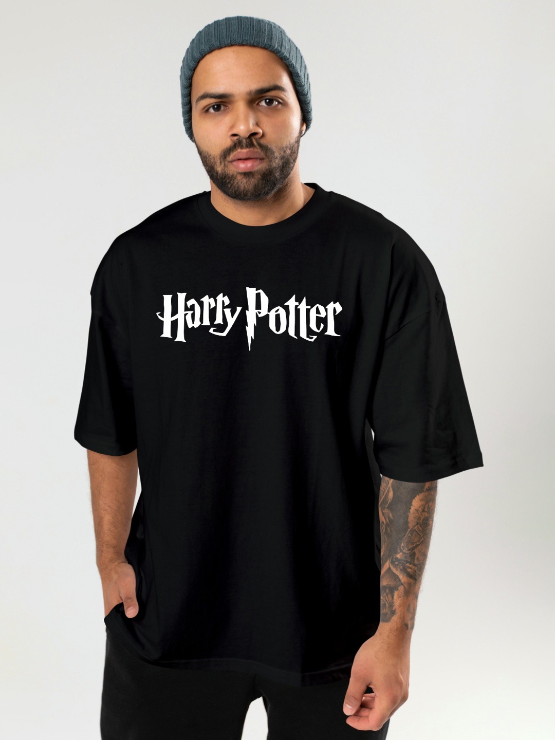 BAESD Men Typography Printed Round Neck Oversized T-shirt, Black