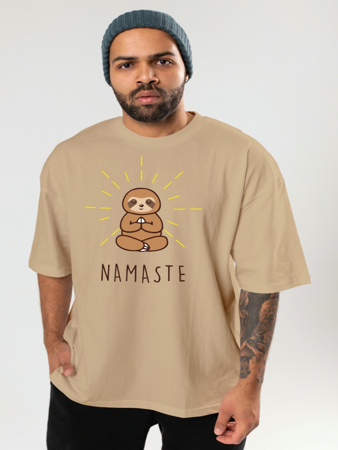 

BAESD Men Graphic Printed Round Neck Oversized T-shirt, Beige