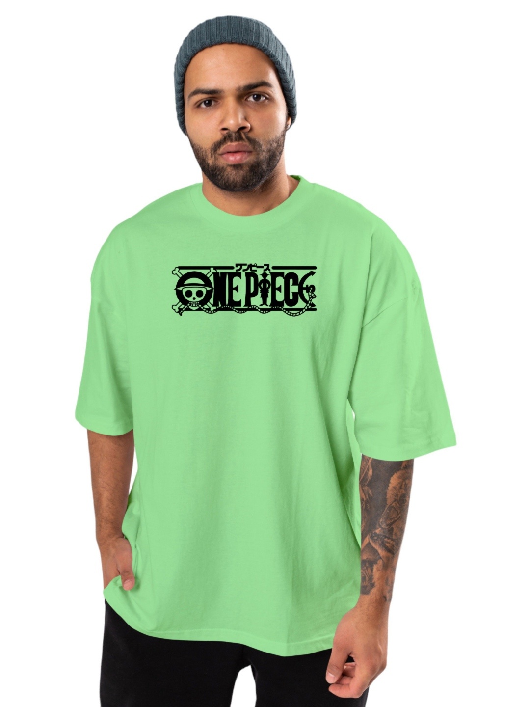 

BAESD Men Graphic Printed Round Neck Oversized T-shirt, Green