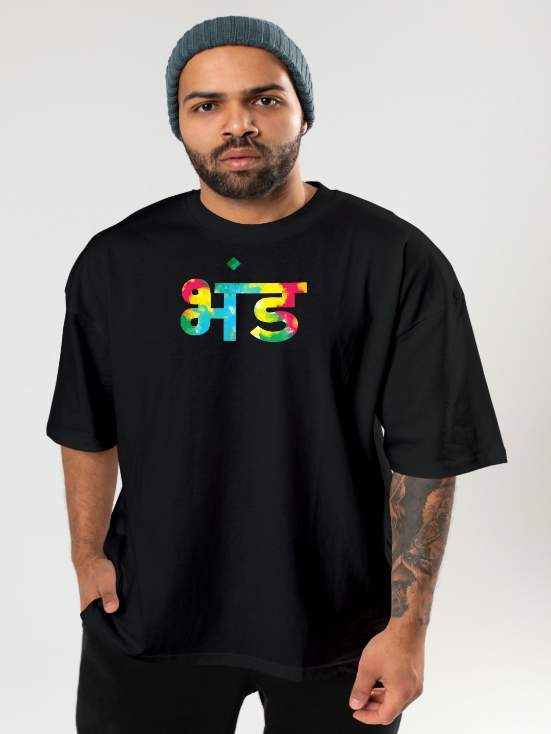 BAESD Men Typography Printed Round Neck Oversized T-shirt, Black