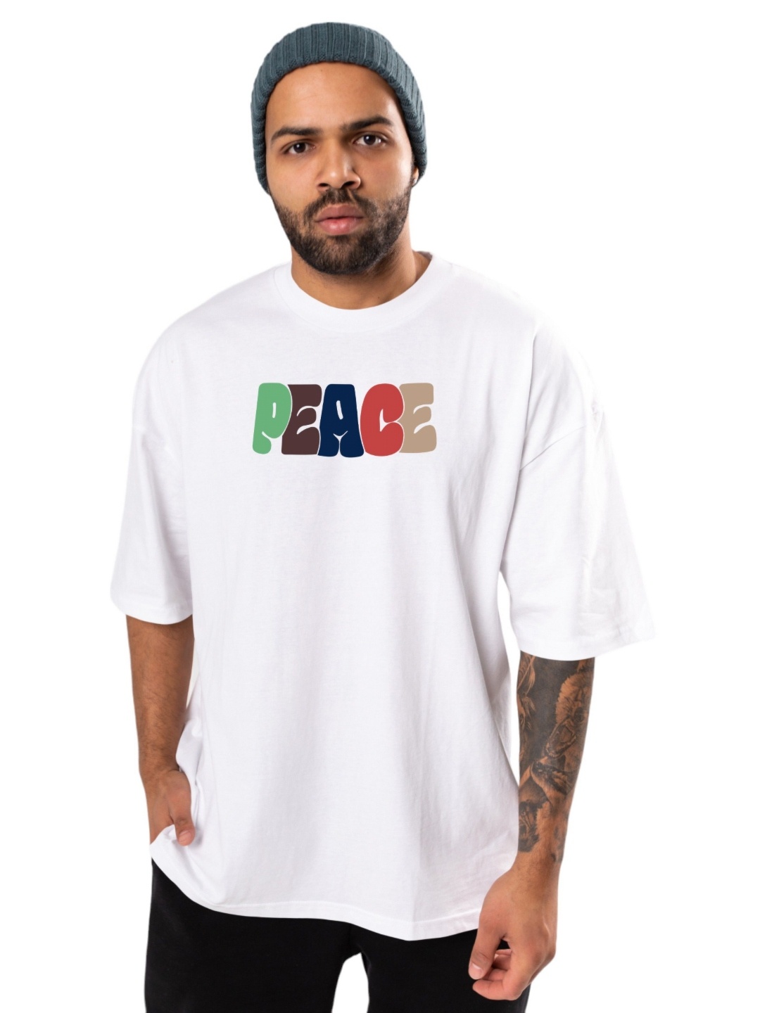 

BAESD Men Typography Printed Round Neck Oversized T-shirt, White