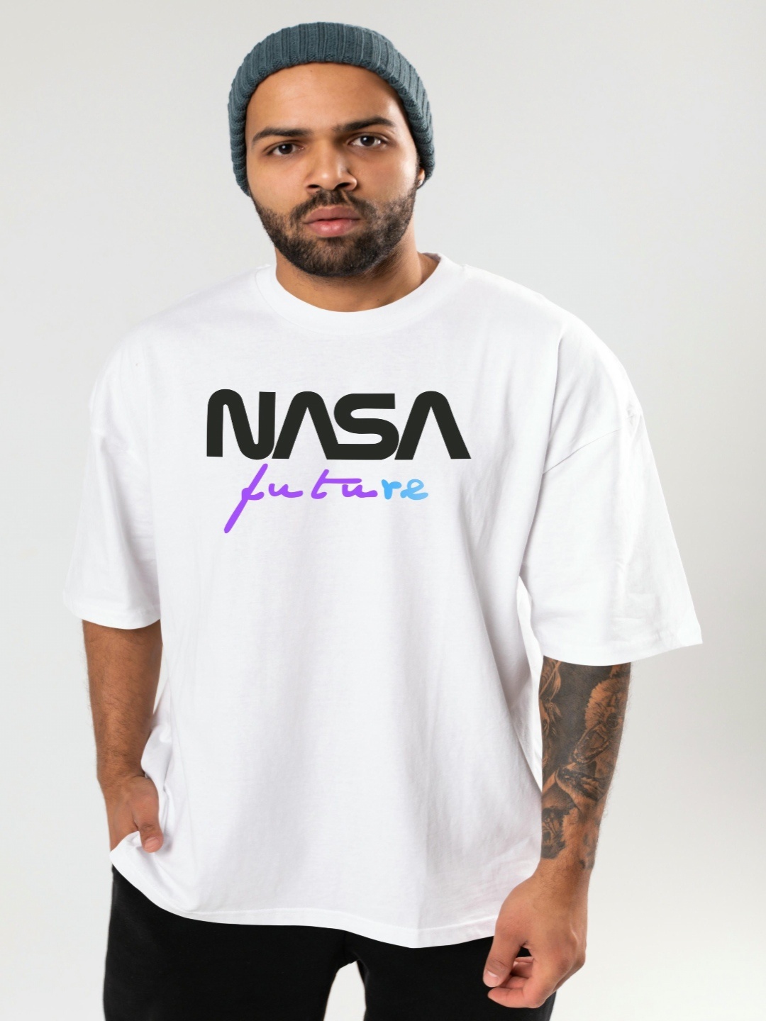 

BAESD Men Typography Printed Round Neck Oversized T-shirt, White