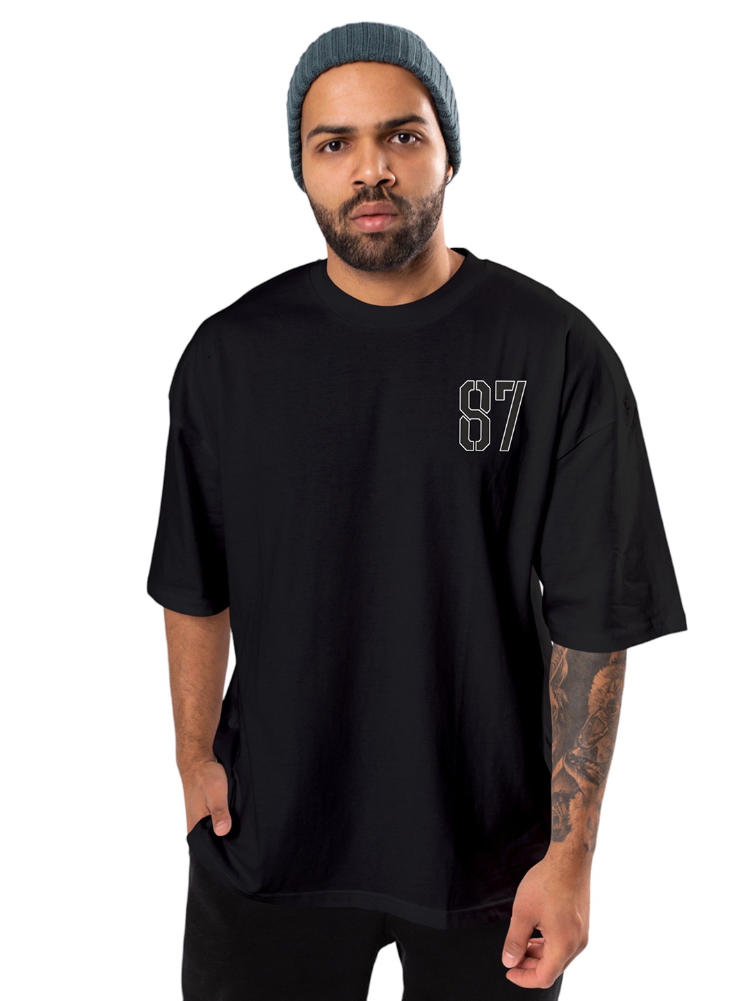 

BAESD Men Varsity Printed Round Neck Oversized T-shirt, Black