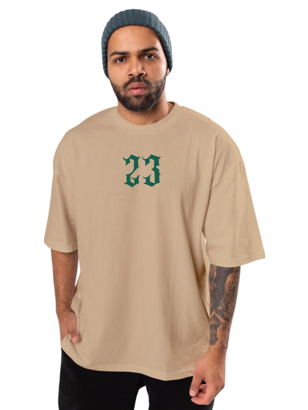 

BAESD Men Typography Printed Round Neck Oversized T-shirt, Beige