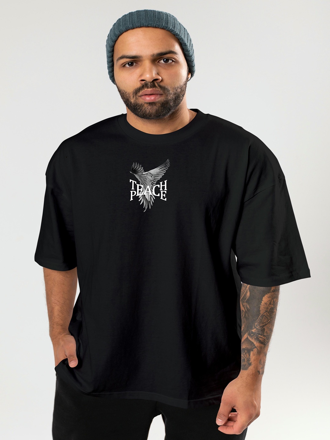 BAESD Men Graphic Printed Round Neck Oversized T-shirt, Black