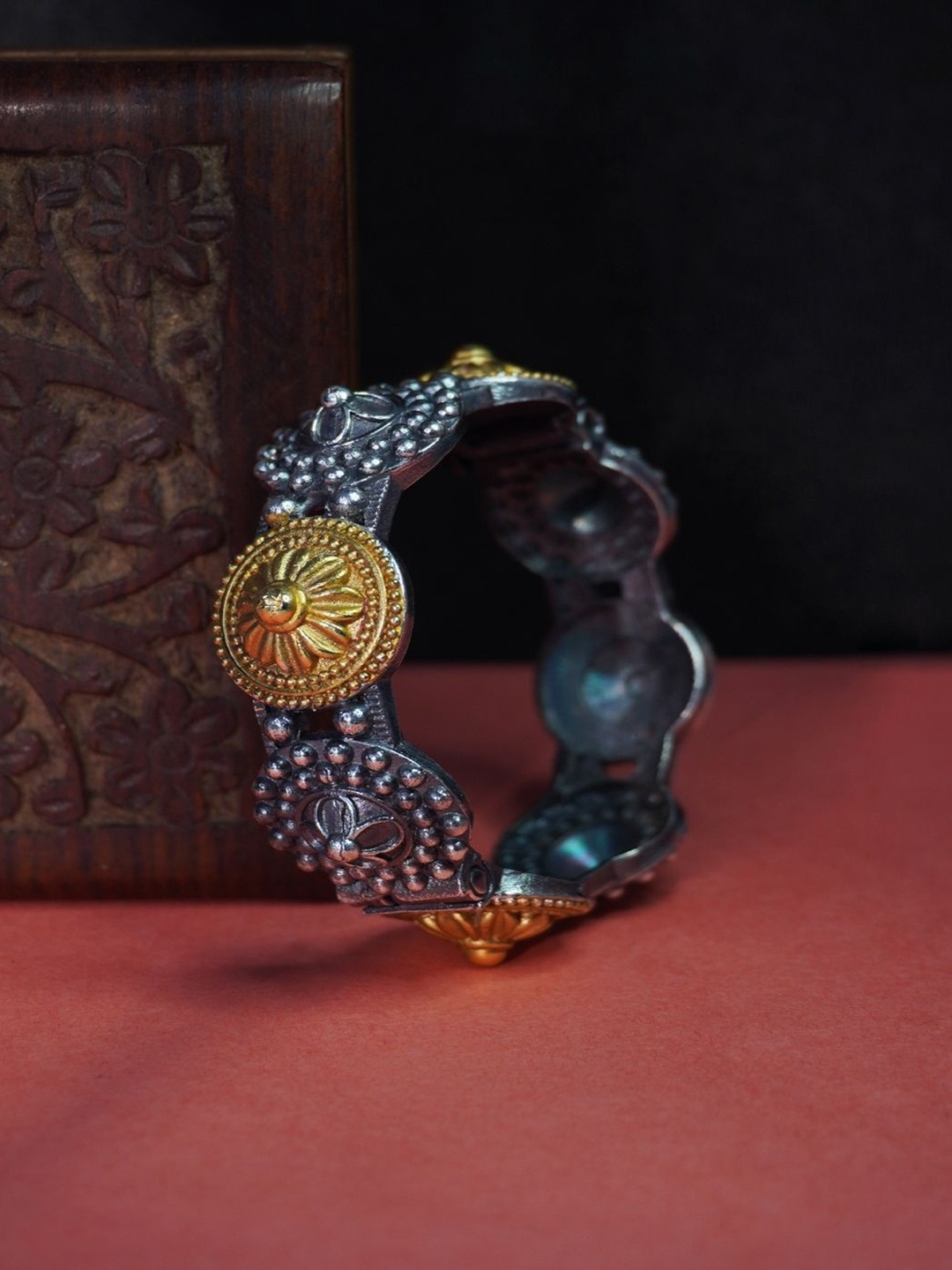 

Niscka Silver-Plated Beaded Details Oxidised Bangle