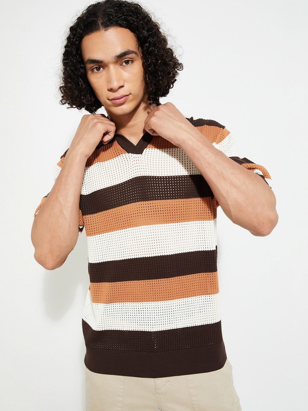 

max URB_N Men Oversized Striped Polo T-shirt, Brown