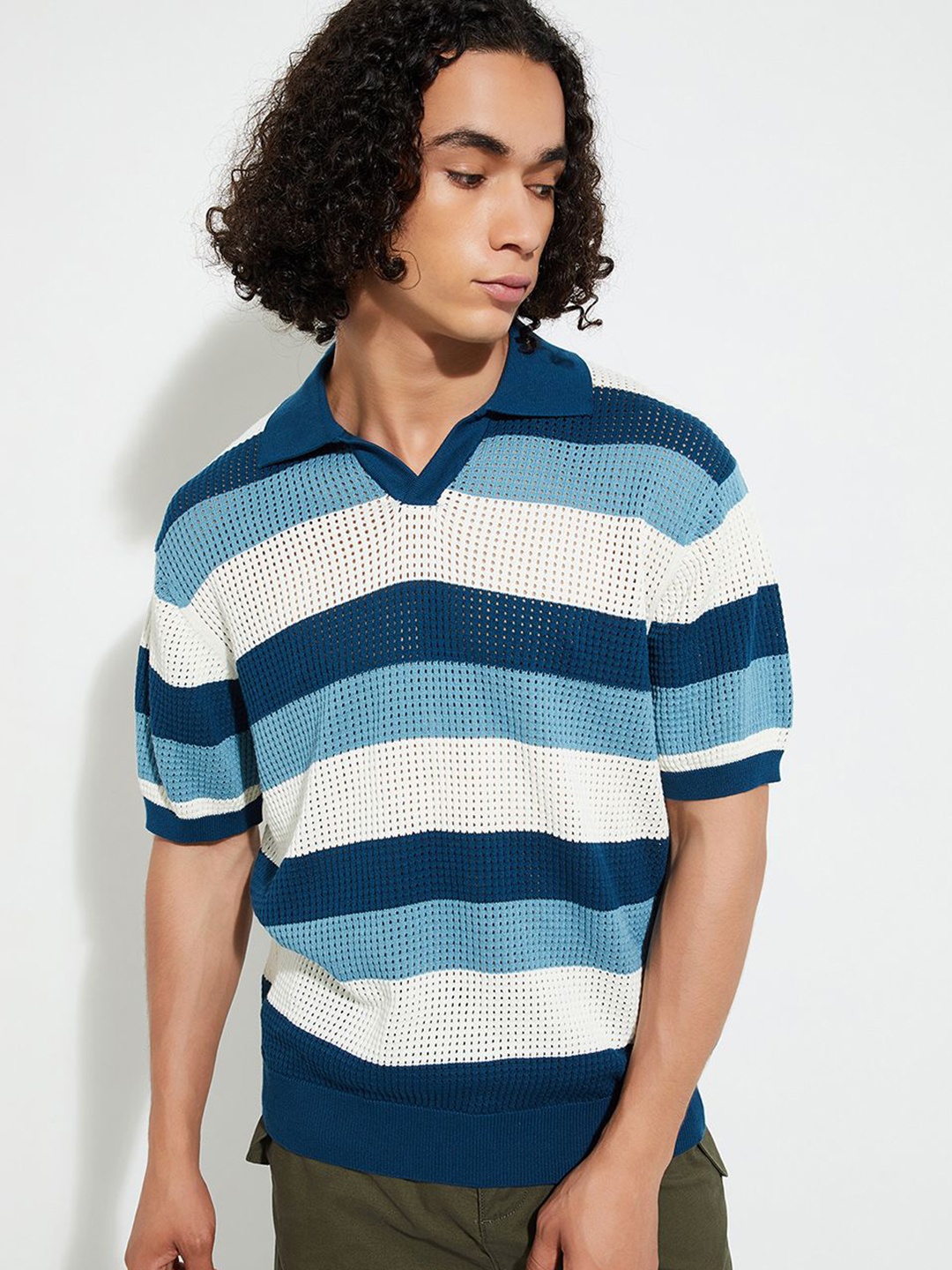 

max URB_N Men Oversized Striped Polo T-shirt, Blue
