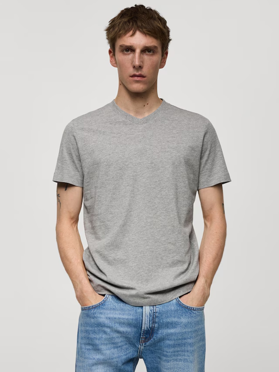 

MANGO MAN V-Neck Pure Cotton Slim Fit T-shirt, Grey melange