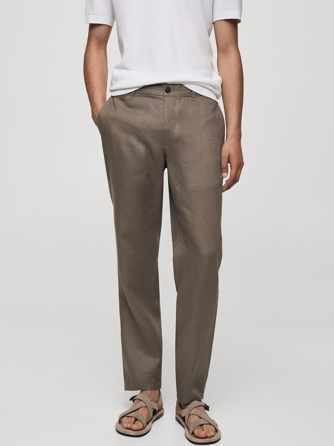 

MANGO MAN Pure Linen Slim Fit Trousers, Brown