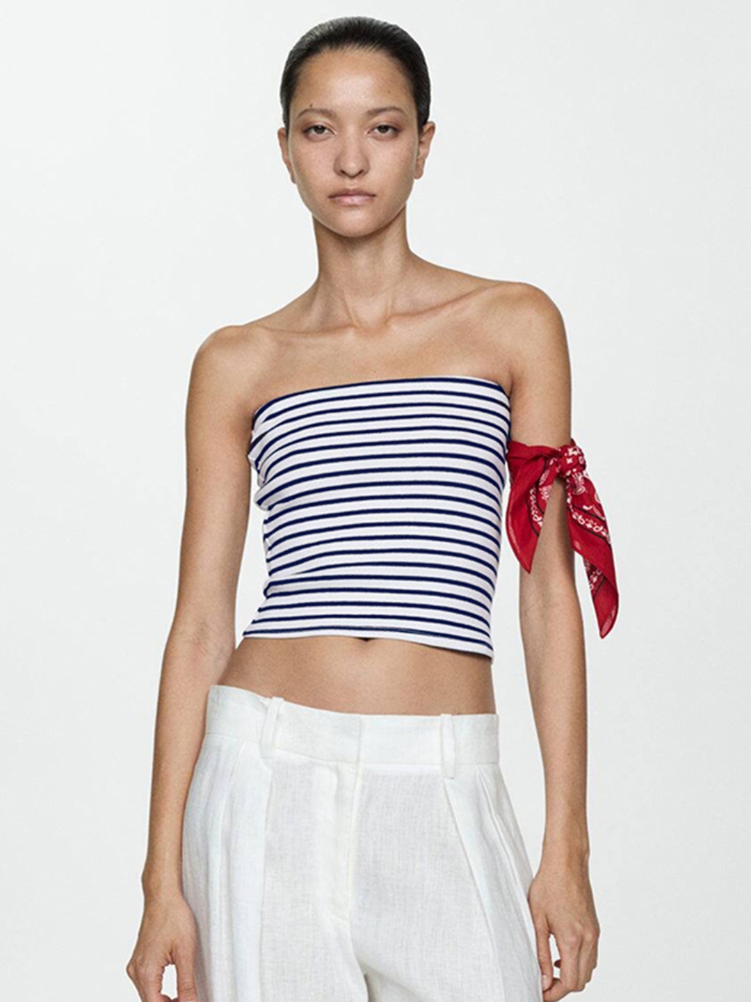 

MANGO Striped Tube Crop Top, Navy blue