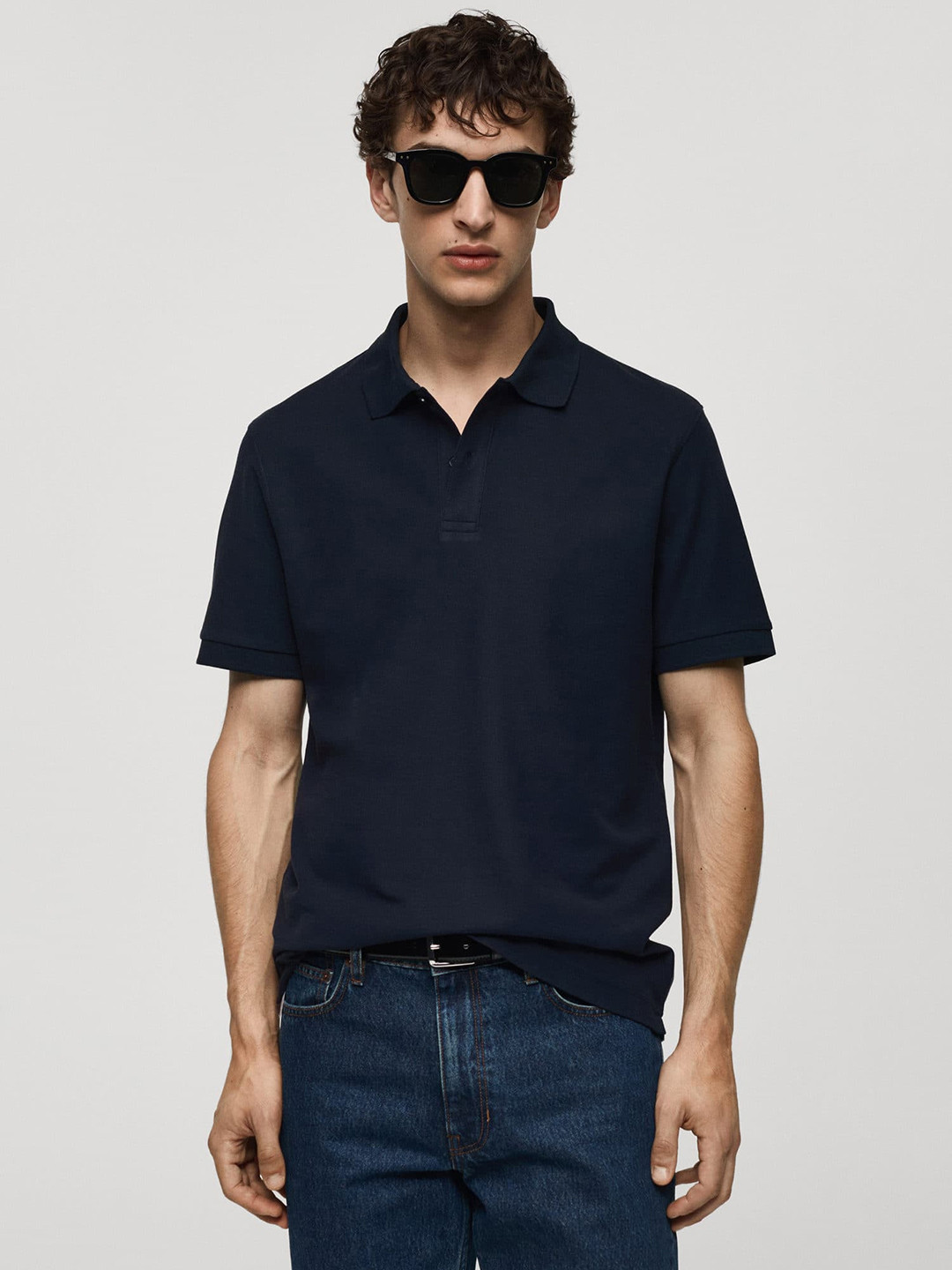 

MANGO MAN Men Polo Collar Pure Cotton T-shirt, Navy blue