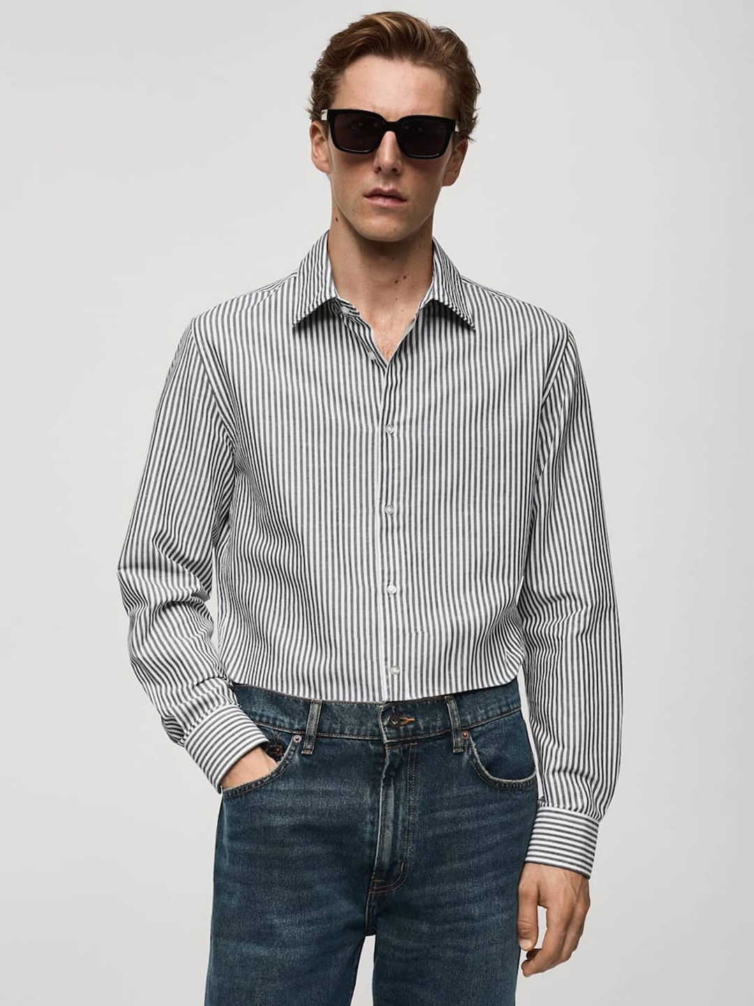 

MANGO MAN Striped Cotton Linen Casual Shirt, White