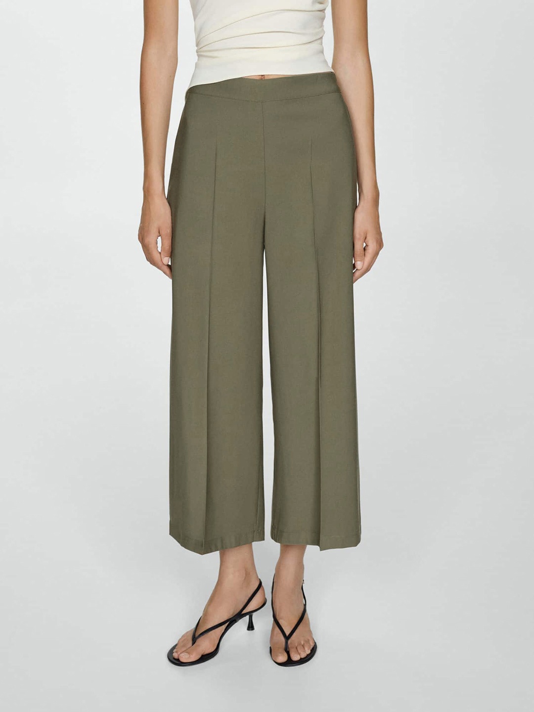 

MANGO Women Pleated Wide Leg Trousers, Olive