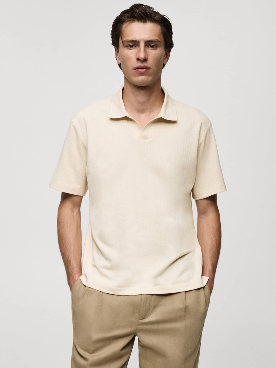 

MANGO MAN Polo Collar Ribbed T-shirt, Cream