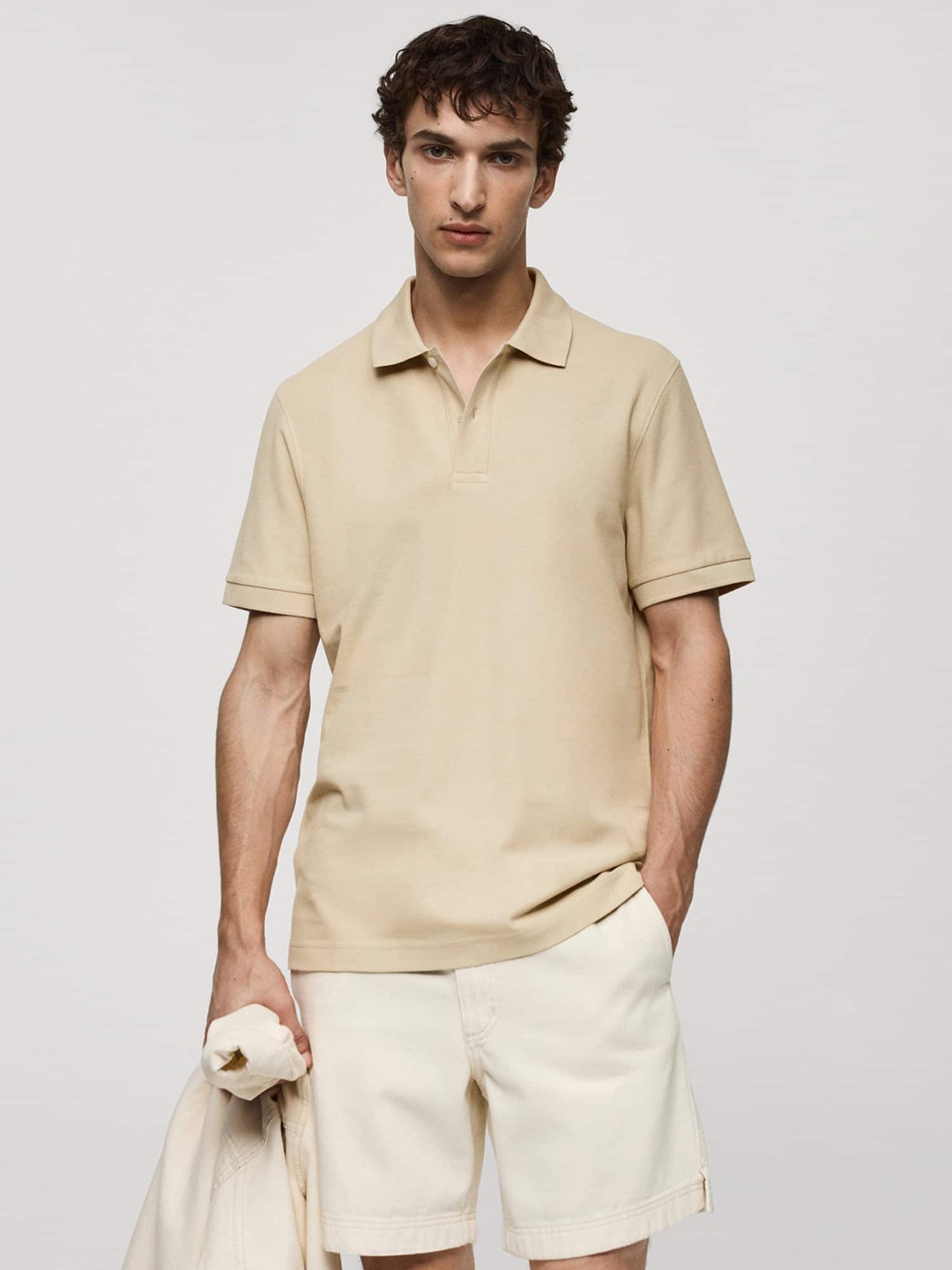 

MANGO MAN Pure Cotton Pique Polo Collar T-shirt, Beige