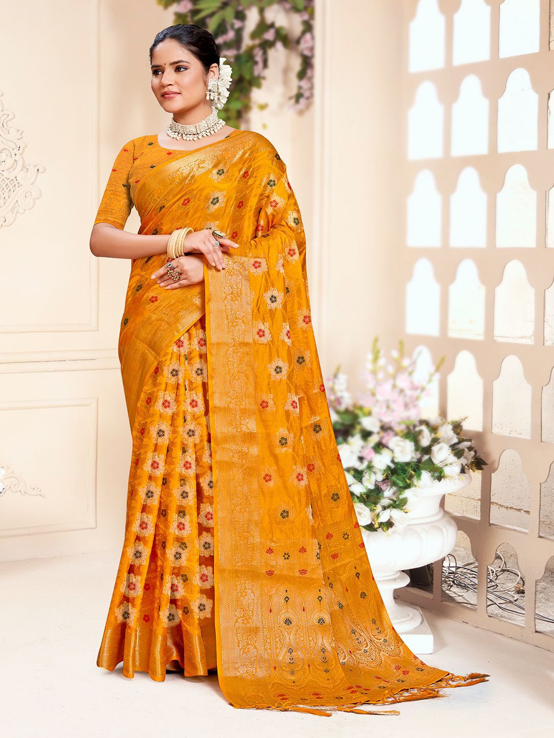 

Ishin Woven Design Ethnic Motifs Zari Saree, Yellow
