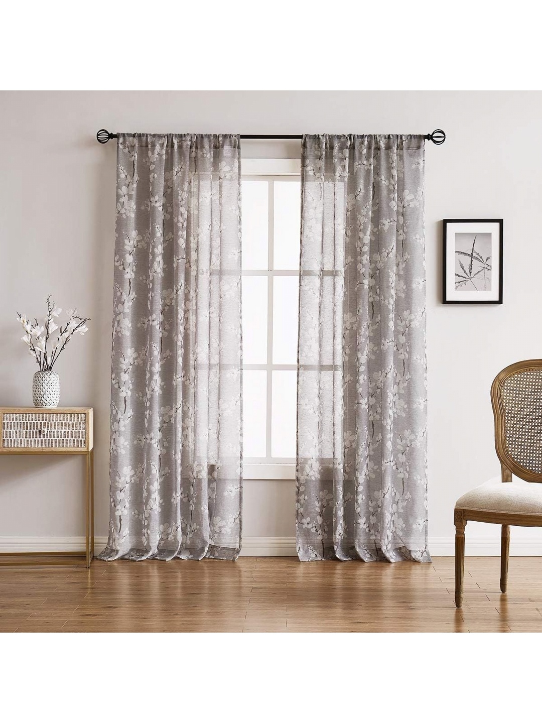 

BFAM Brown & White Floral Printed Sheer Window Curtain