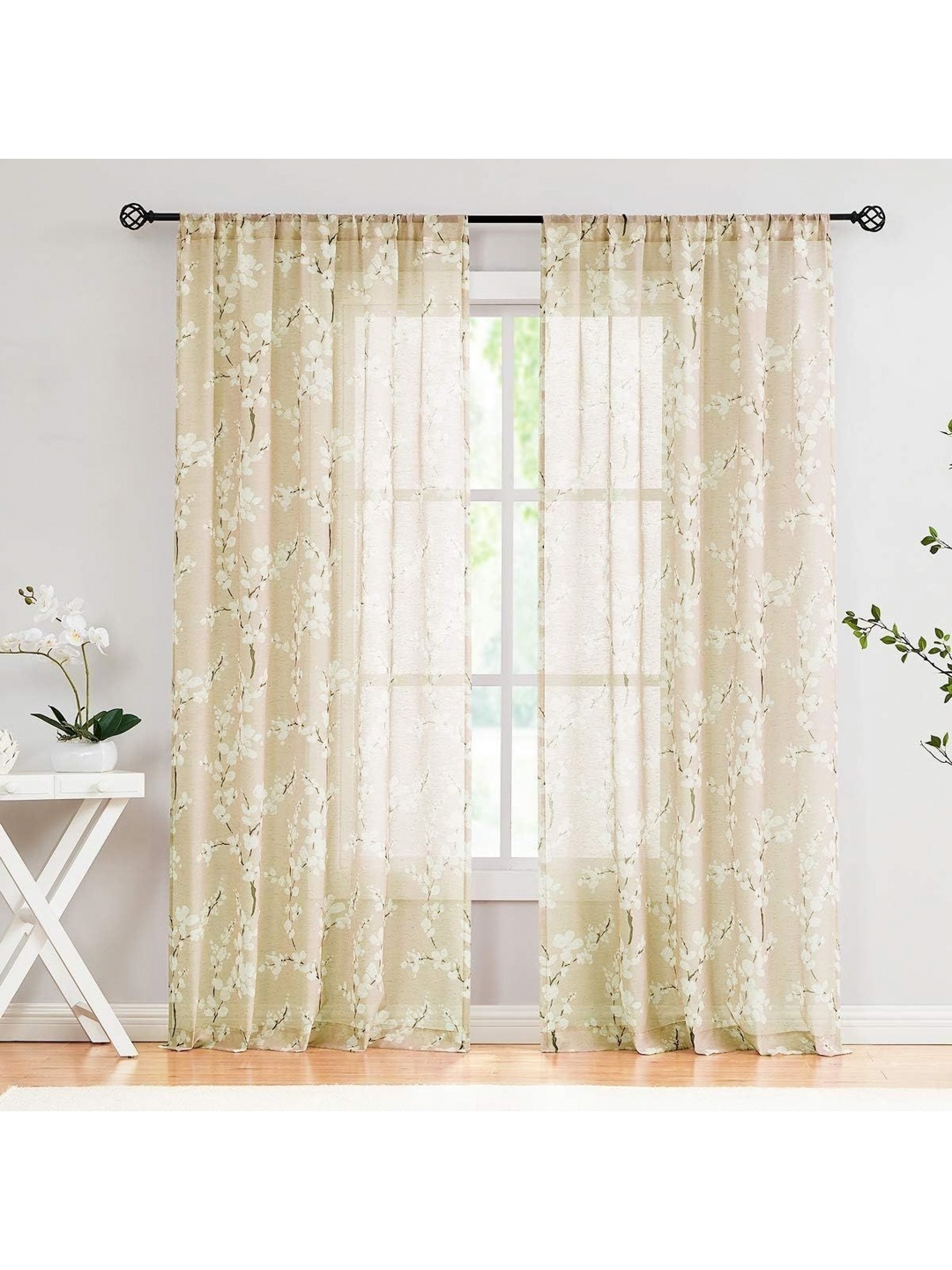 

BFAM Beige & White Floral Printed Sheer Window Curtain