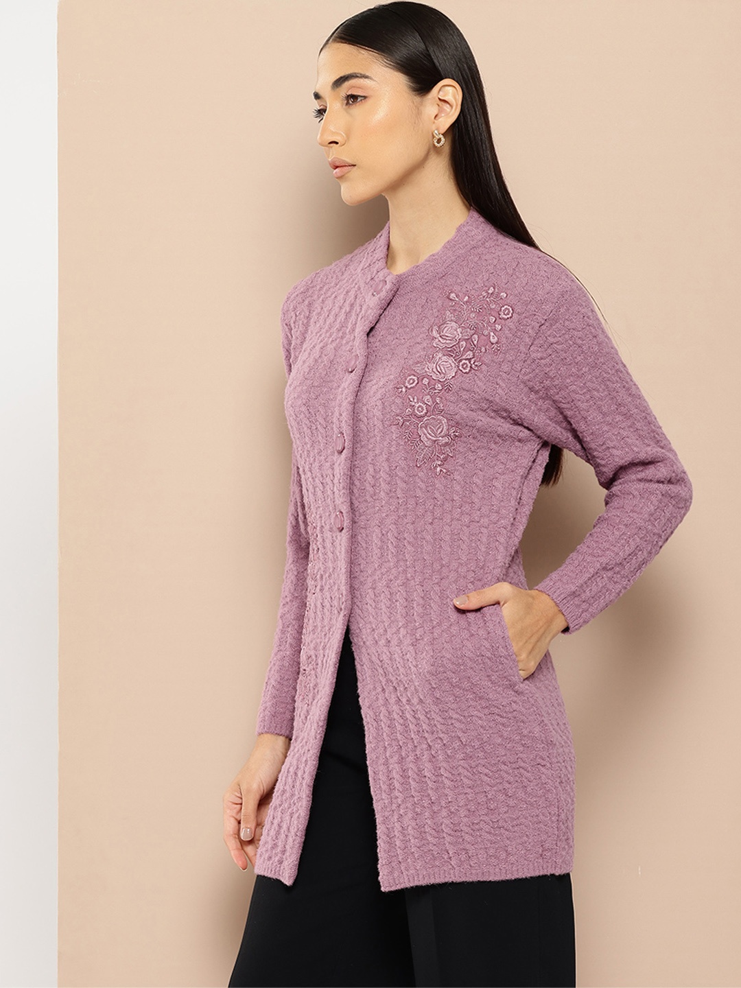 

Chemistry Woollen Longline Cardigan with Embroidered Detail, Purple