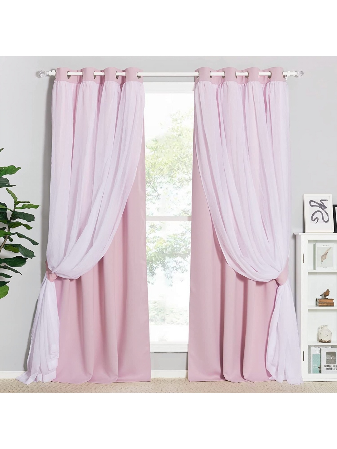 

BFAM Pink & White Double Layer Sheer & Black Out Window Curtain