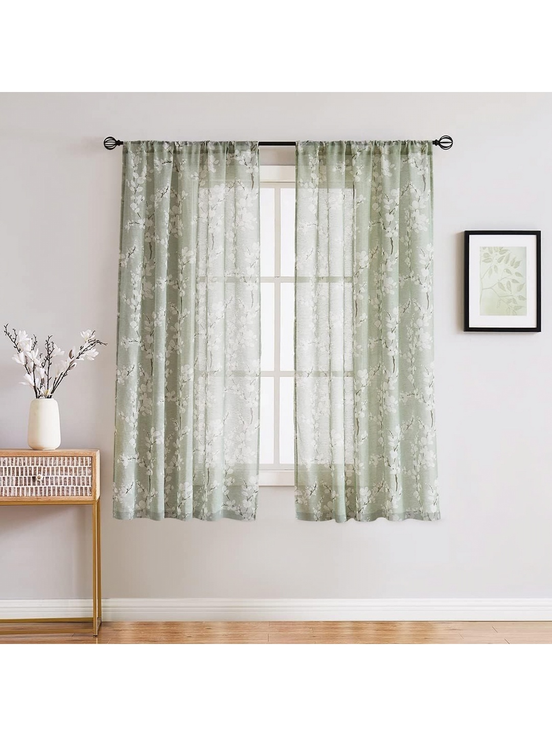 

BFAM Green & White Floral Linen Sheer Window Curtain