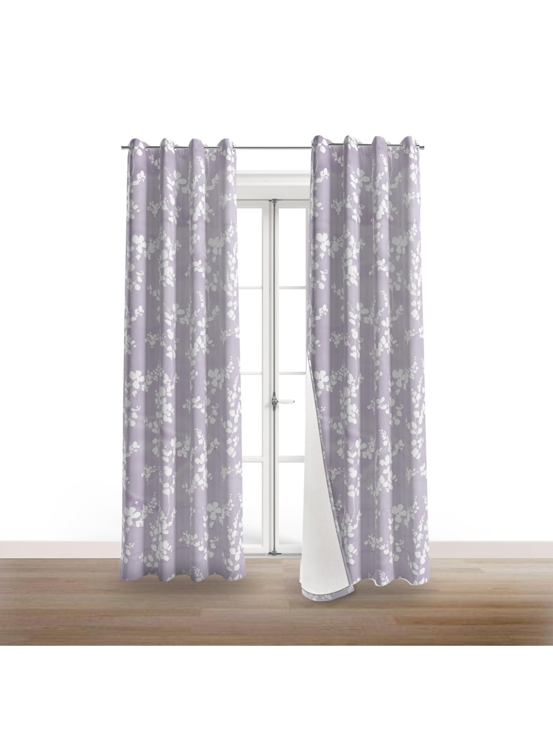 

BFAM Purple & White 2 Pieces Floral Printed Black Out Long Door Curtain