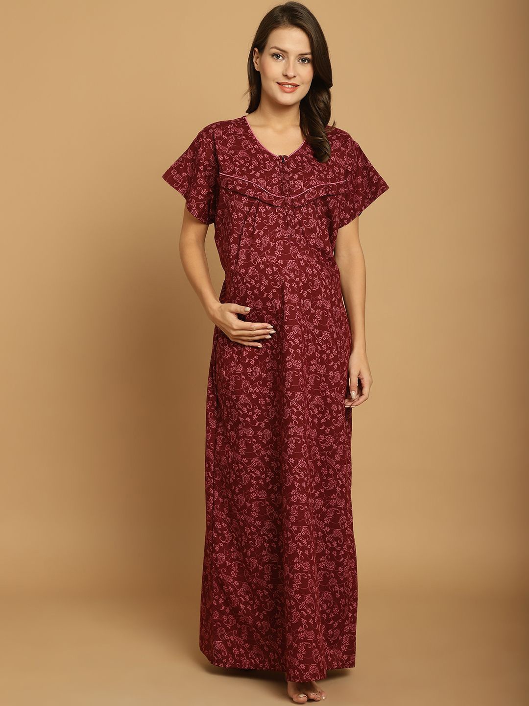 

Secret Wish Women Printed Pure Cotton Maternity Maxi Nightdress, Maroon