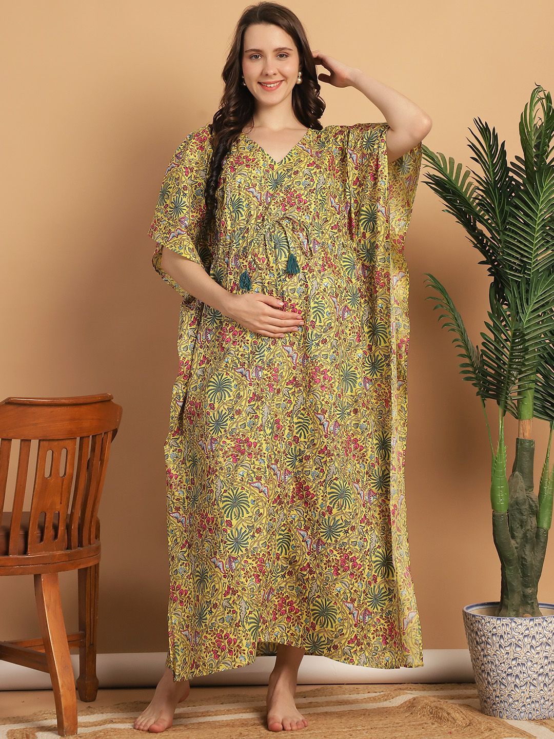 

Secret Wish Printed Maternity Kaftan Nighty, Yellow