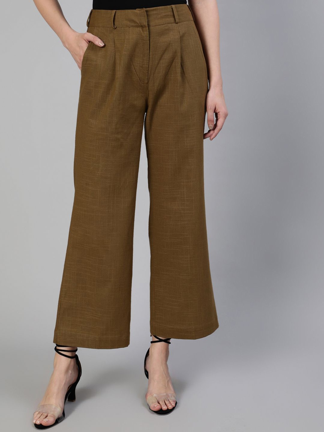 

Jaipur Kurti Women High-Rise Pleated Trousers, Brown