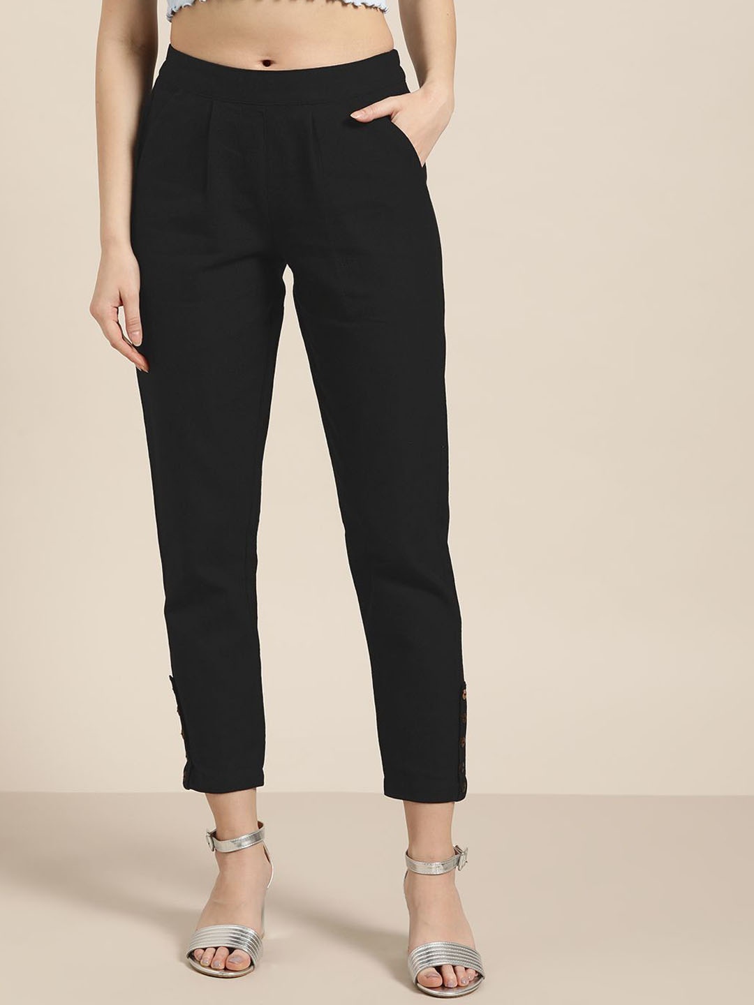 

Jaipur Kurti Women High-Rise Pleated Trousers, Black