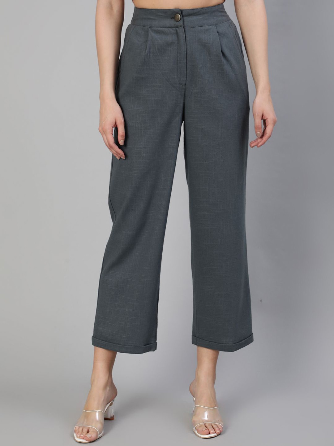 

Jaipur Kurti Women High-Rise Pleated Trousers, Charcoal