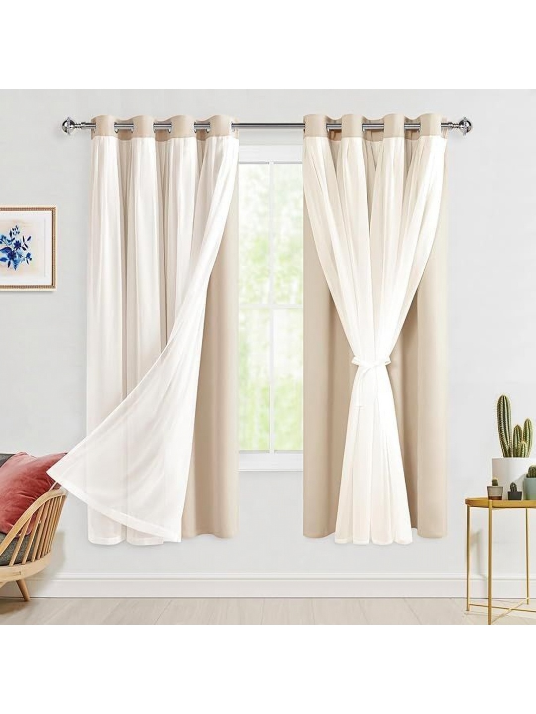 

BFAM Beige & White Double Layers Sheer & Black Out Door Curtain