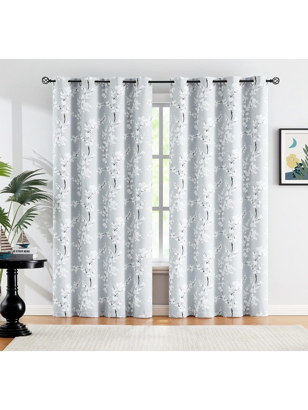 

BFAM Grey & White Floral Black Out Window Curtain