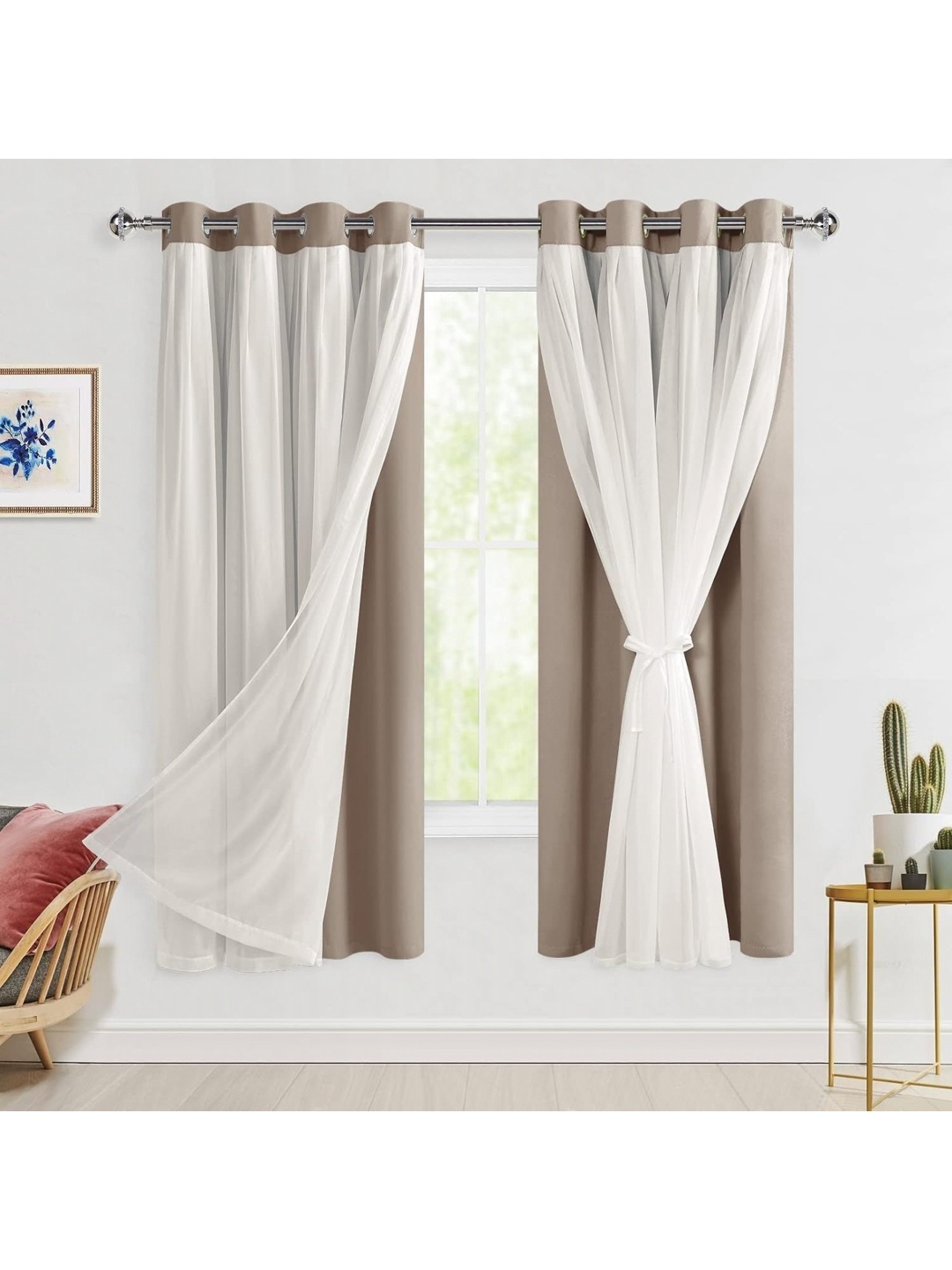 

BFAM Brown & White Black Out Window Curtains