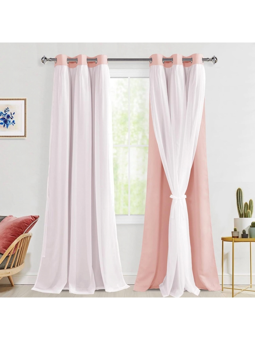 

BFAM Pink & White Double Layer Sheer & Black Out Long Door Curtain