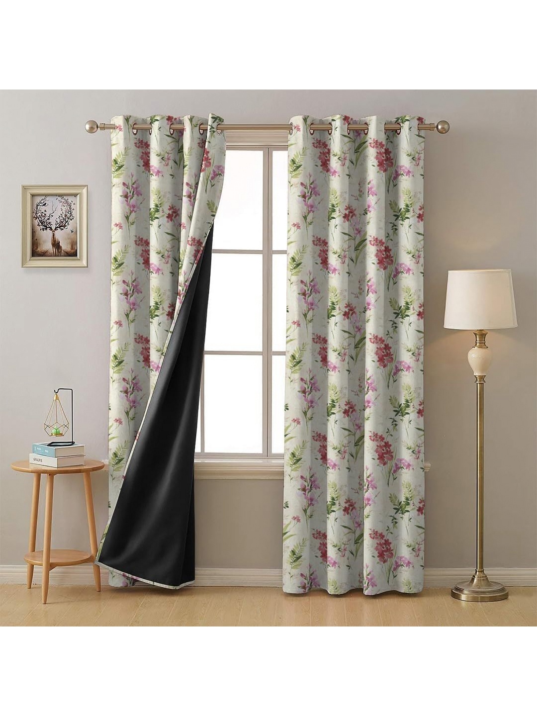 

BFAM Beige & Green Floral Black Out Long Door Curtain