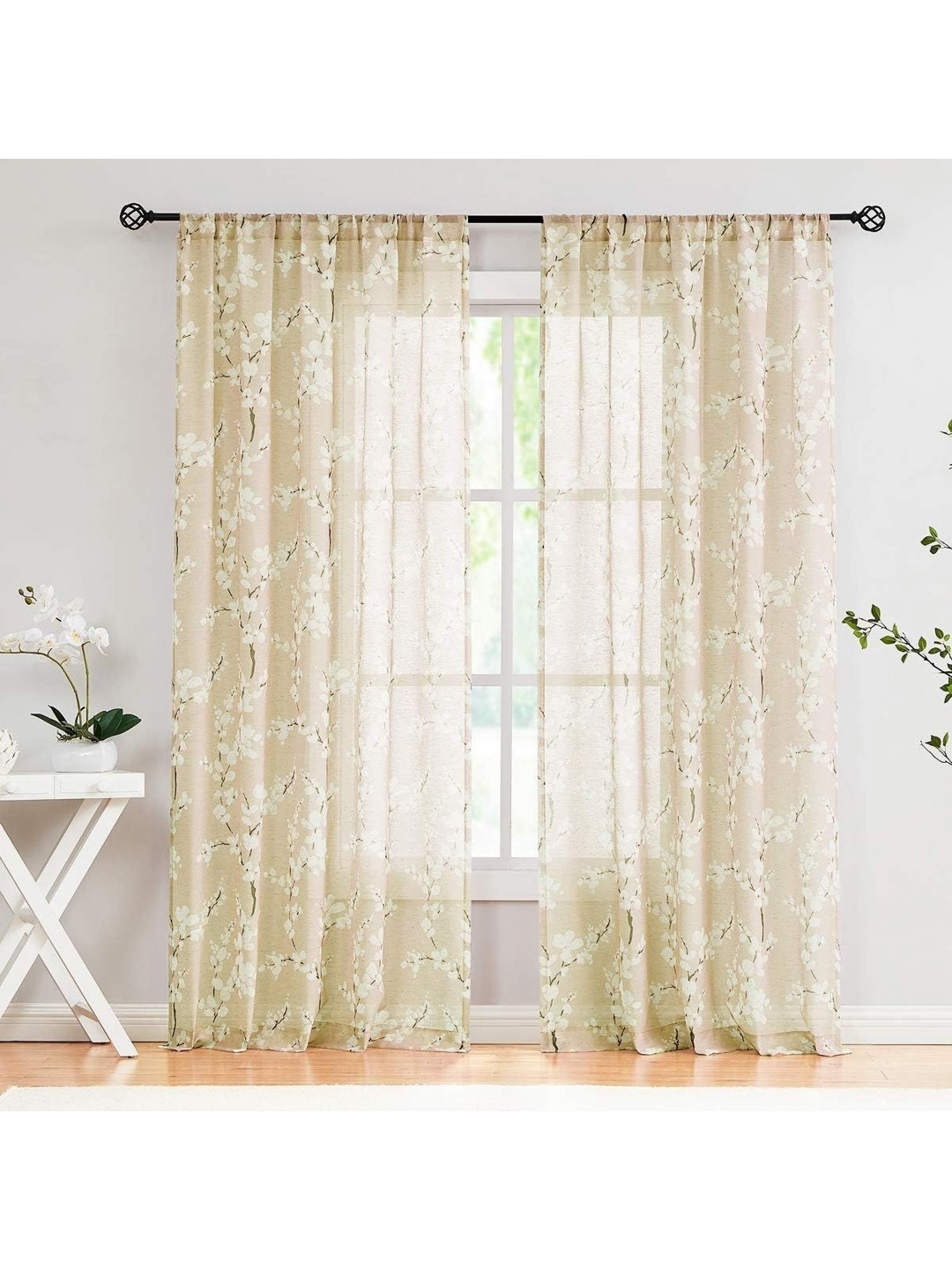 

BFAM Beige Floral Printed Linen Sheer Long Door Curtain