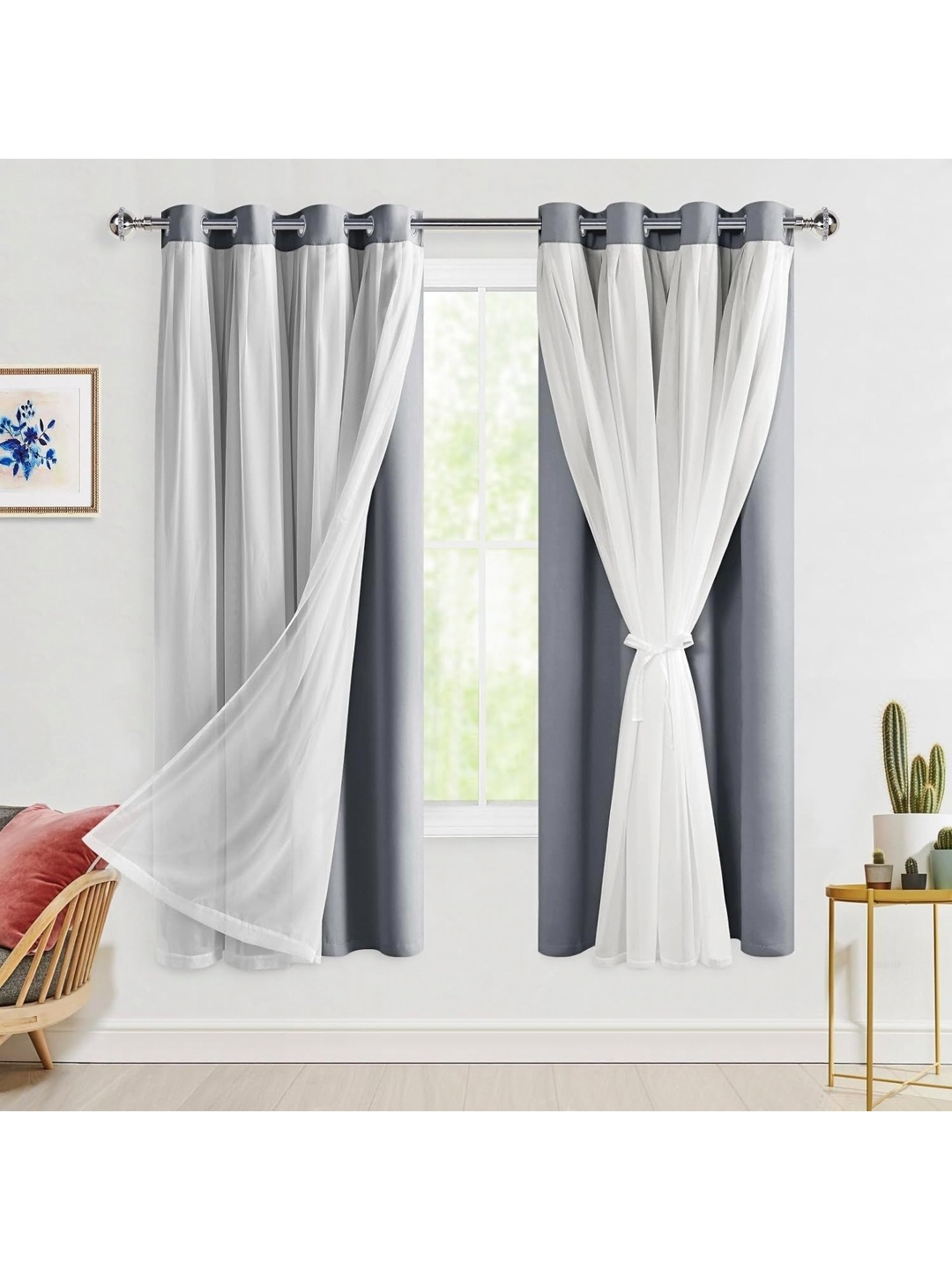 

BFAM Grey & White Double Layer Sheer & Black Out Long Door Curtain