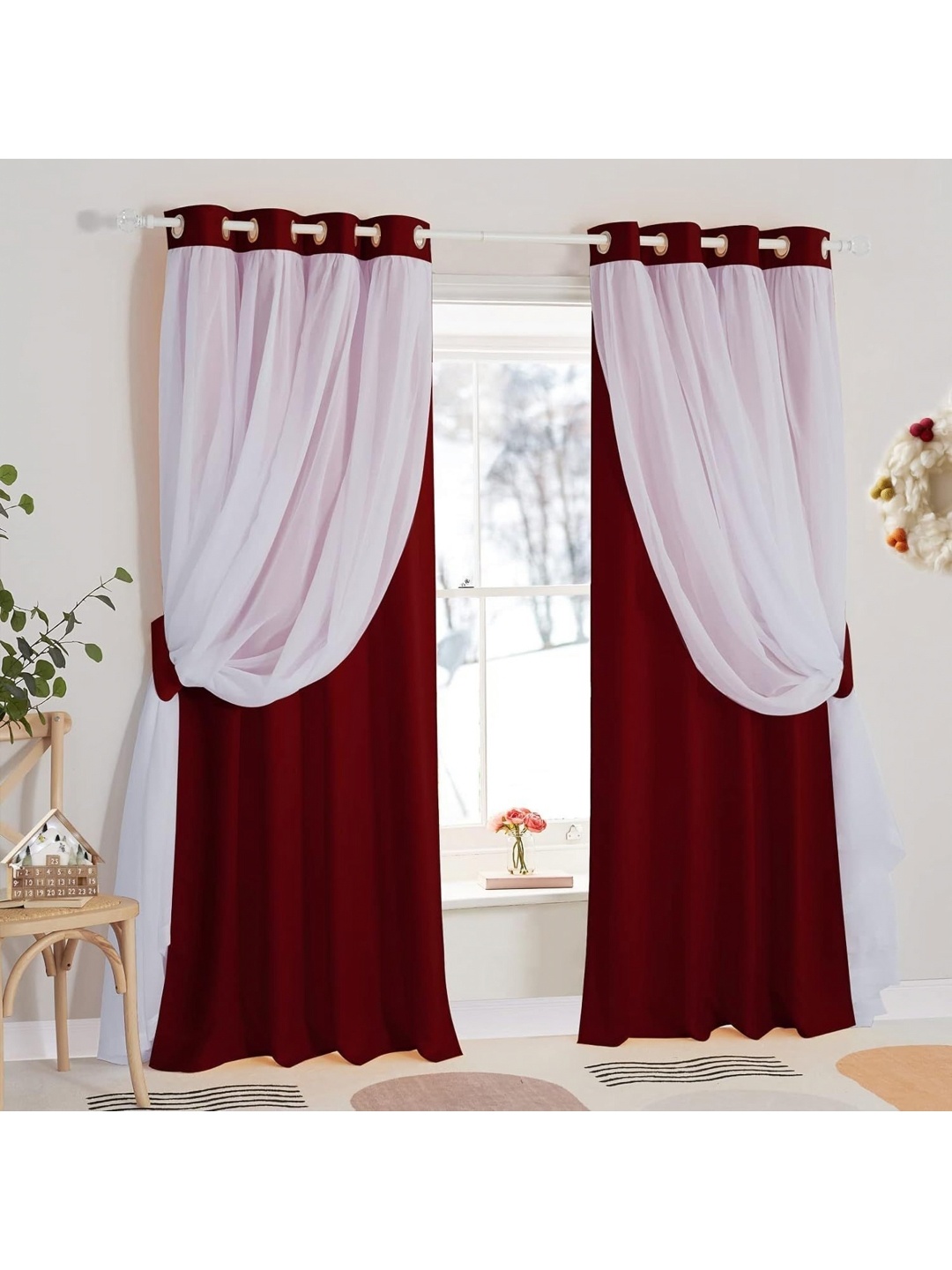 

BFAM Maroon & White Double Layers Sheer & Black Out Window Curtain