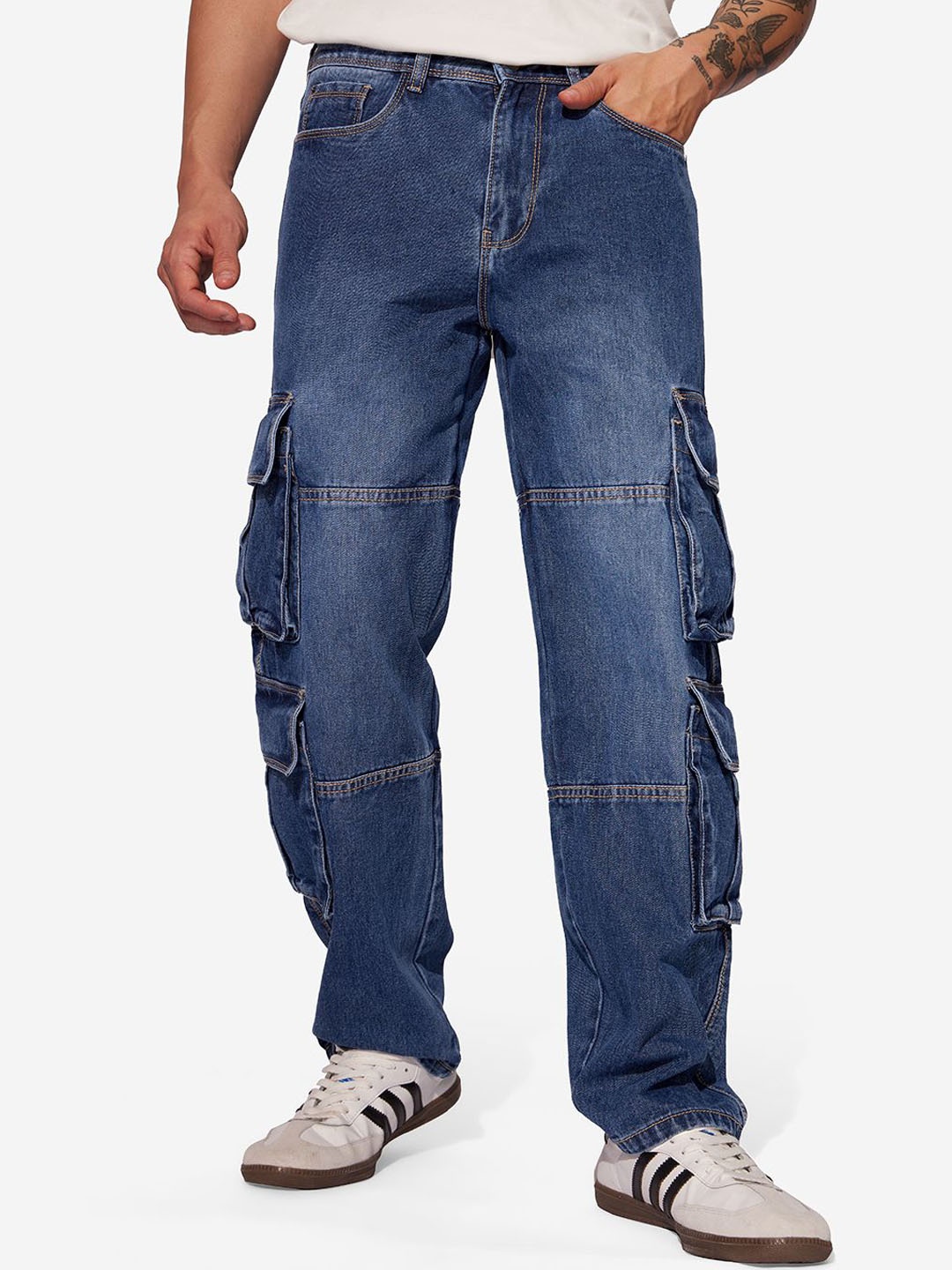

The Souled Store Men Relaxed Fit Light Fade Stretchable Cargo Jeans, Blue