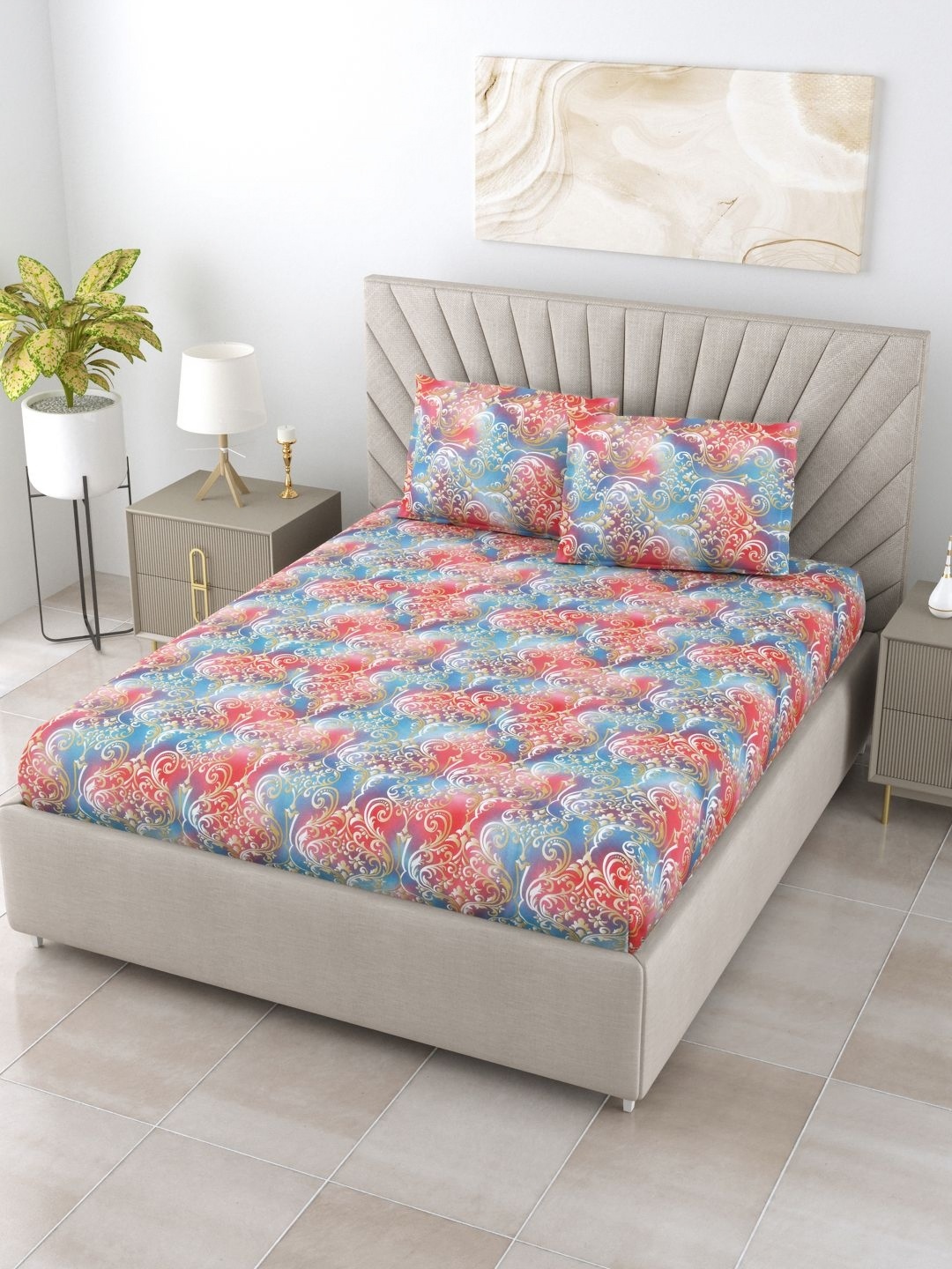 

BOMBAY DYEING Red & Blue Floral Cotton 144 TC Queen Bedsheet with 2 Pillow Covers